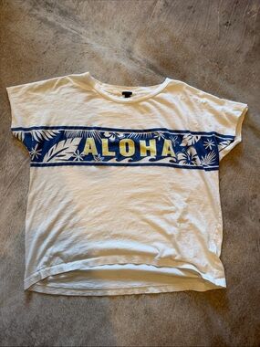 J. Crew White Tee with Blue and Yellow ALOHA Print